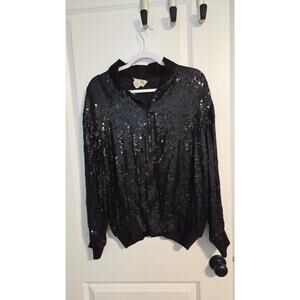 Vintage Cee Cee Black Silk Sequin Bomber Jacket Zip Front Party Top Size M